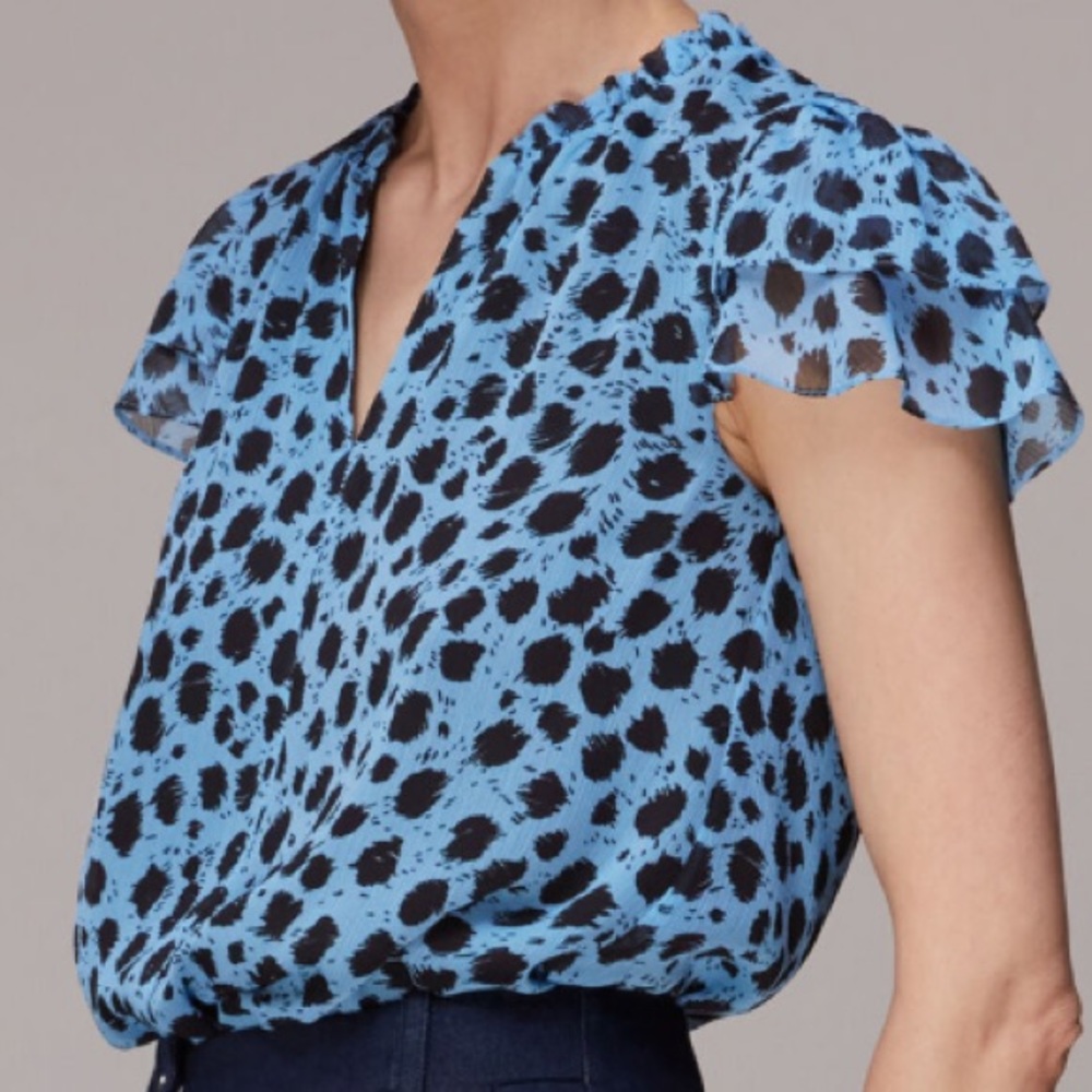 NWT Whistles Brushed Dalmatian‎ Print Blue Spotted Blouse, Lined, US Size 14